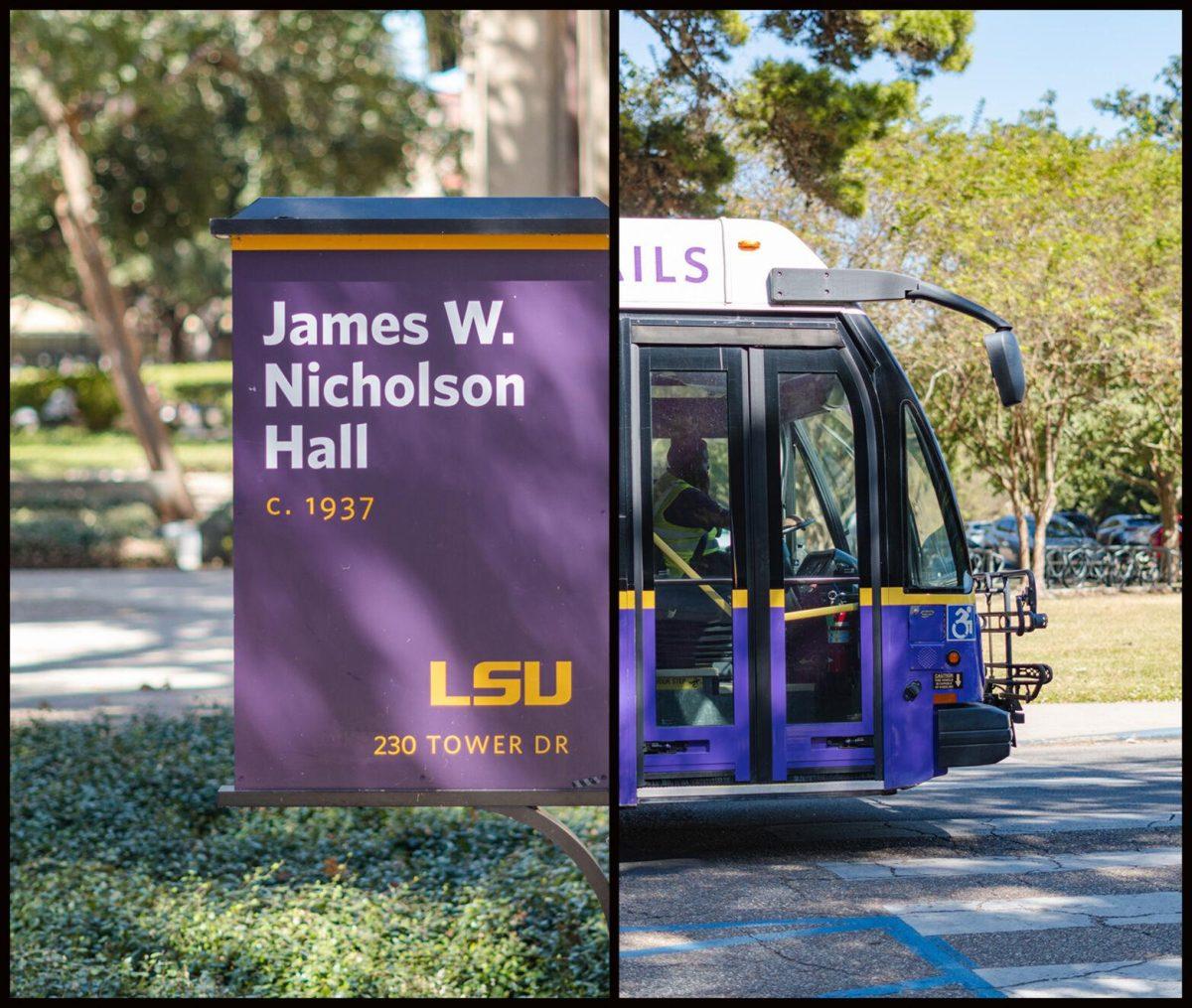 The sign for Nicholson Hall in the LSU Quad aligns with an LSU bus on Field House Drive in Baton Rouge, La.