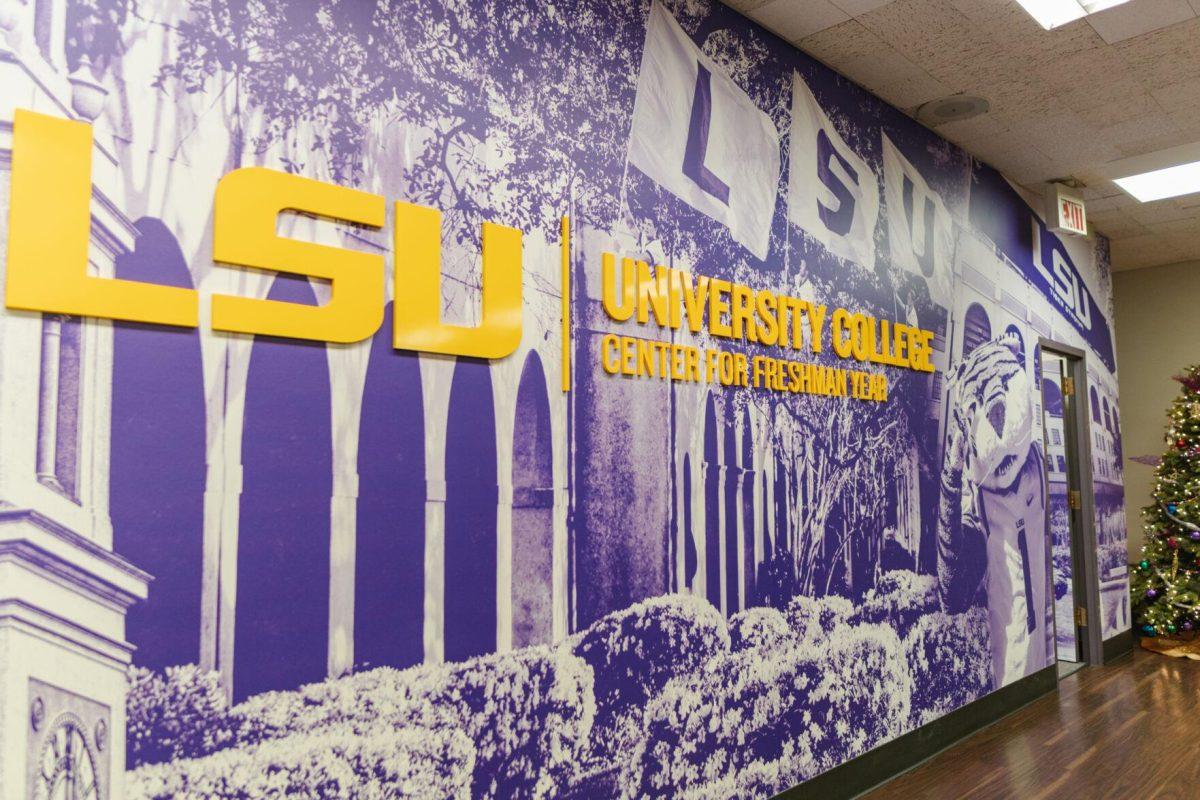 Large lettering denotes the University College on Tuesday, Nov. 22, 2022, inside Allen Hall on LSU&#8217;s campus.