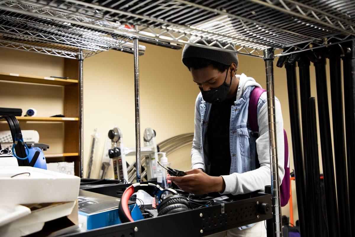 LSU Film &amp; Television junior Donald Cain works on sound equipment Wednesday, Sept. 28, 2022, in the Music and Dramatic Arts film equipment office on Dalrymple Drive at LSU.