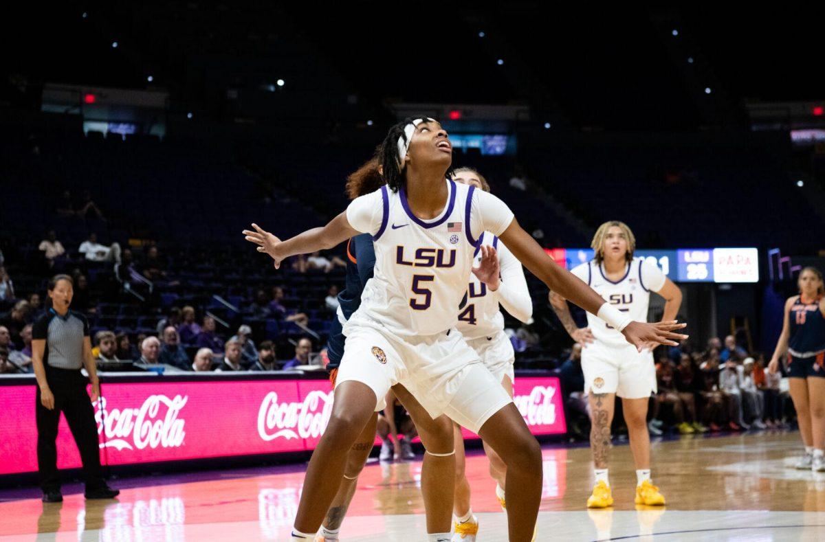 LSU women&#8217;s basketball freshman forward Sa&#8217;Myah Smith (5) waits for a rebound during LSU&#8217;s 121-46 win in an exhibition game against Langston University on Thursday, Nov. 3, 2022, in the Pete Maravich Assembly Center on N. Stadium Drive in Baton Rouge, La.