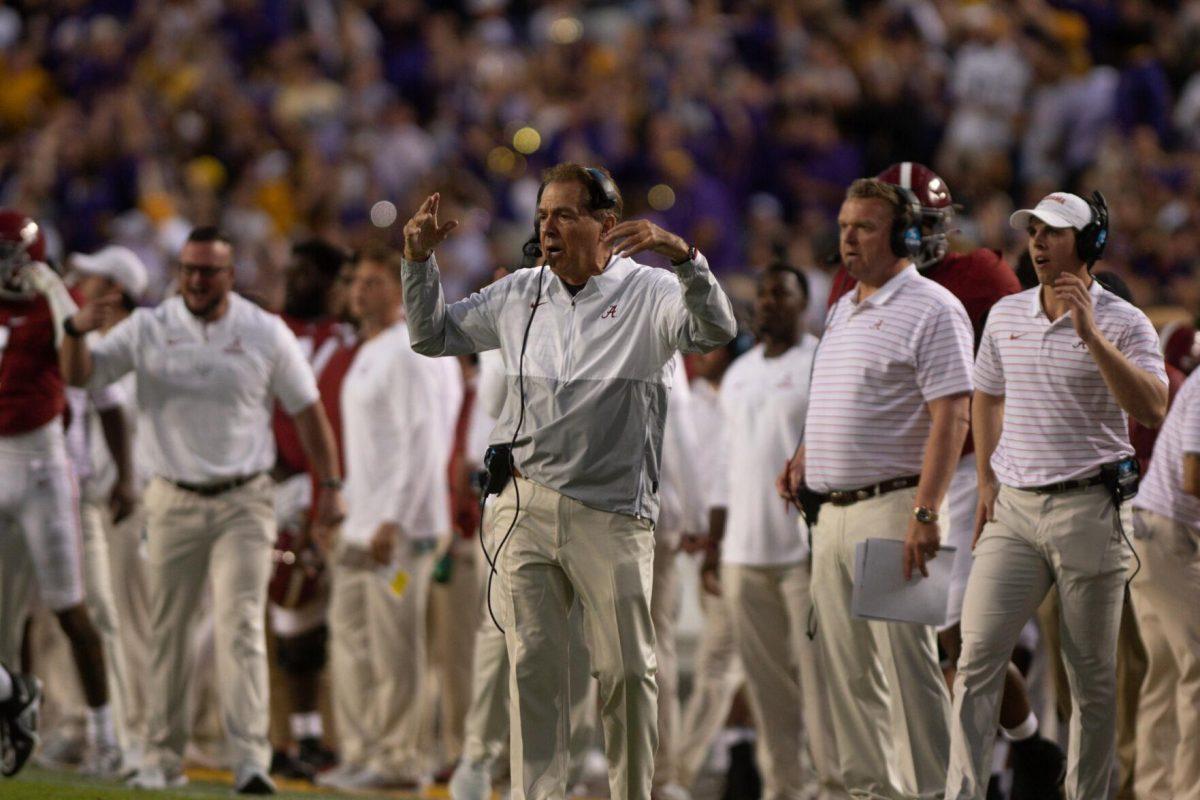 Alabama head coach Nick Saban communicates with his players and staff on Saturday, Nov. 5, 2022, during LSU&#8217;s 32-31 victory over Alabama in Tiger Stadium in Baton Rouge, La.