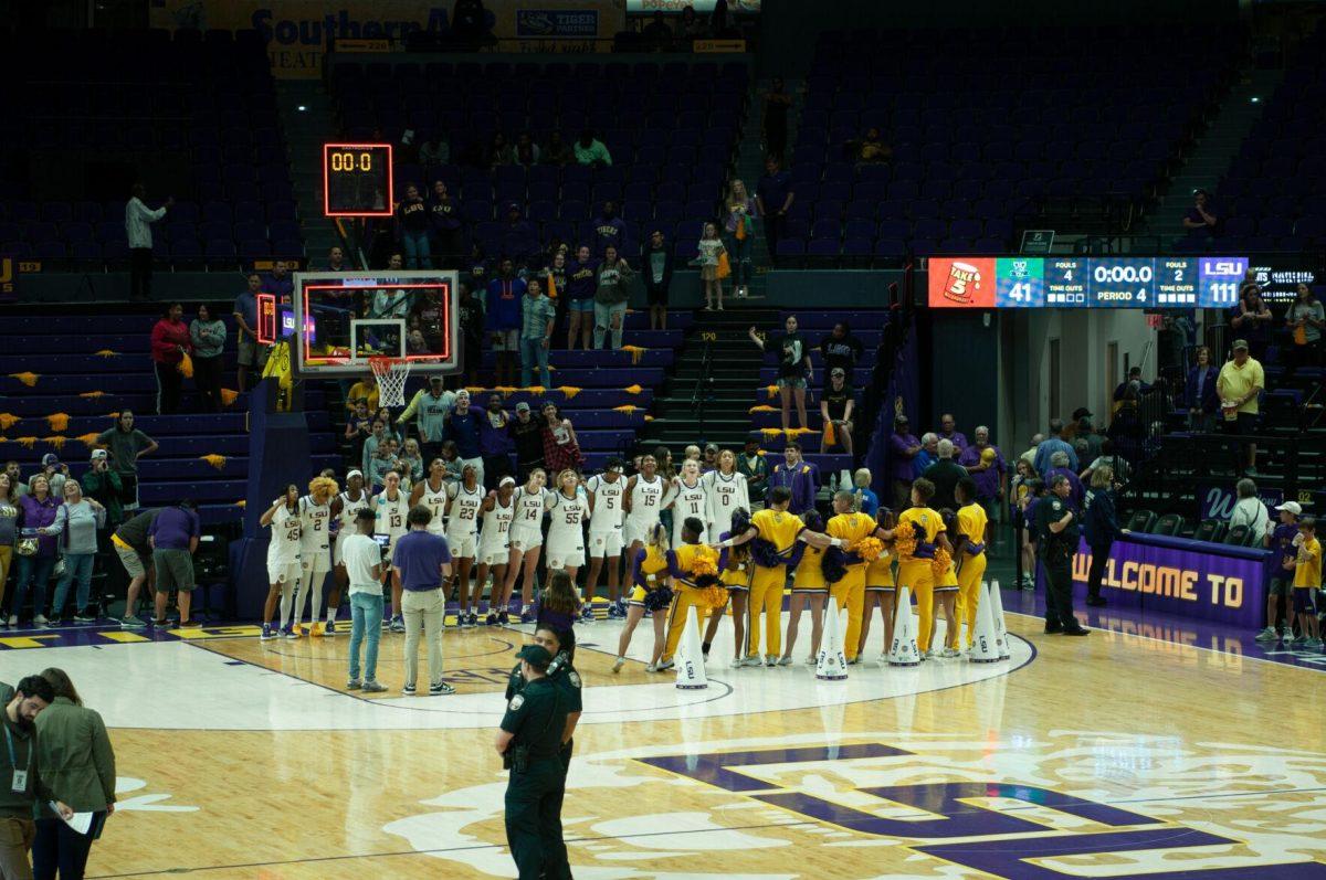 LSU players, cheerleaders, and fans sing the alma mater after the LSU women's 111-41 victory over Mississippi Valley State on Friday, Nov. 11, 2022, at the Pete Maravich Assembly Center on N. Stadium Drive.