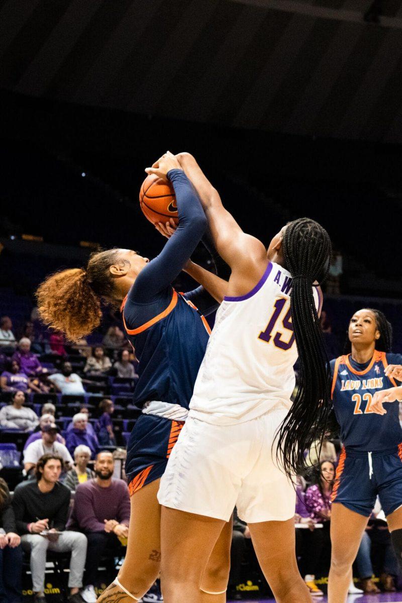 LSU women&#8217;s basketball freshman forward Alisa Williams (15) grabs the ball during LSU&#8217;s 121-46 win in an exhibition game against Langston University on Thursday, Nov. 3, 2022, in the Pete Maravich Assembly Center on N. Stadium Drive in Baton Rouge, La.