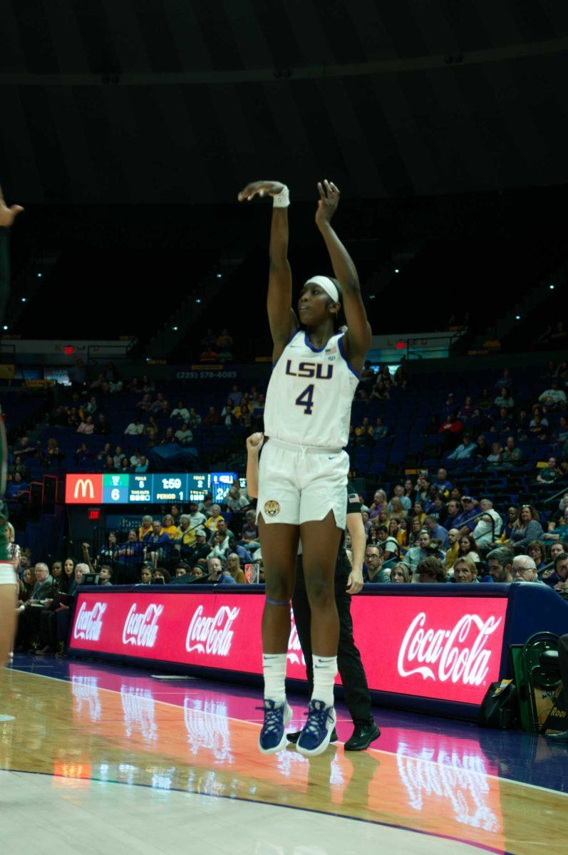 LSU women's basketball freshman guard Flau'jae Johnson (4) ascends while taking a shot during LSU's 111-41 victory over Mississippi Valley State on Friday, Nov. 11, 2022, at the Pete Maravich Assembly Center on N. Stadium Drive.