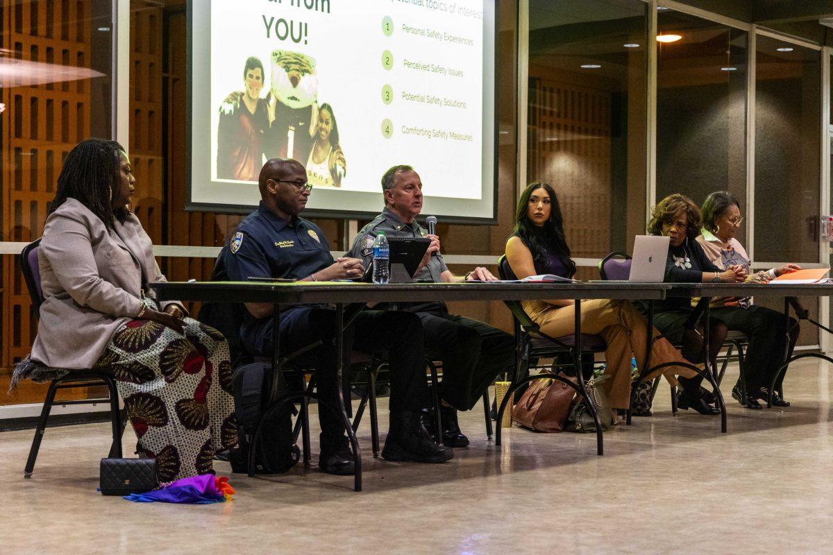 Panelists sit Monday, Nov. 14, 2022, during the LSU/ BR Safety Forum in Magnolia Room 301 in the LSU Student Union.