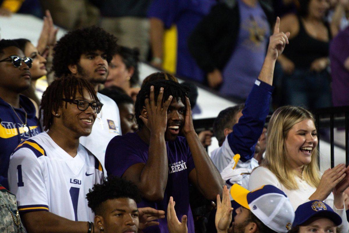 Fans channel their nerves and excitement during the nail-biting fourth quarter on Saturday, Nov. 5, 2022, during LSU&#8217;s 32-31 victory over Alabama in Tiger Stadium in Baton Rouge, La.