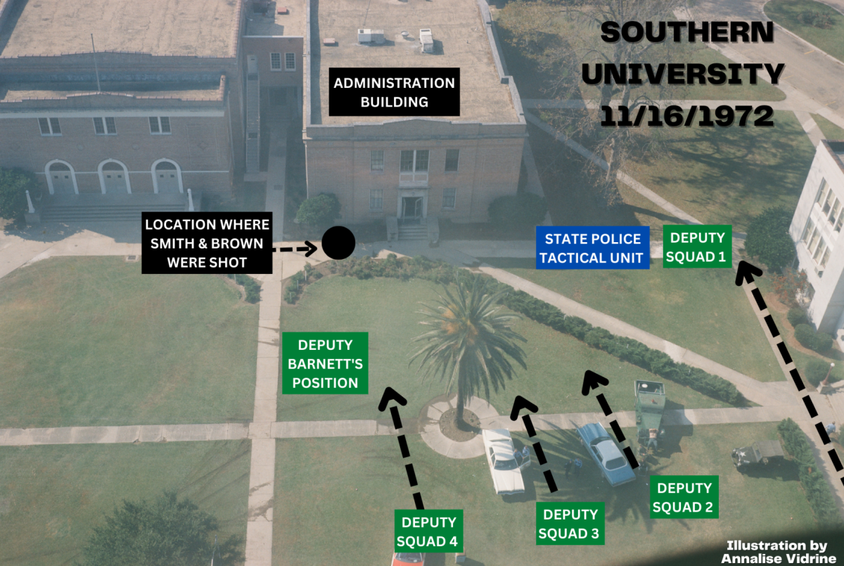 Illustration shows the locations of the State Police tactical unit and four squads of sheriff&#8217;s deputies as they moved into their positions on Nov. 16, 1972. This photo, taken after the confrontation, also shows where Denver Smith and Leonard Brown were shot.