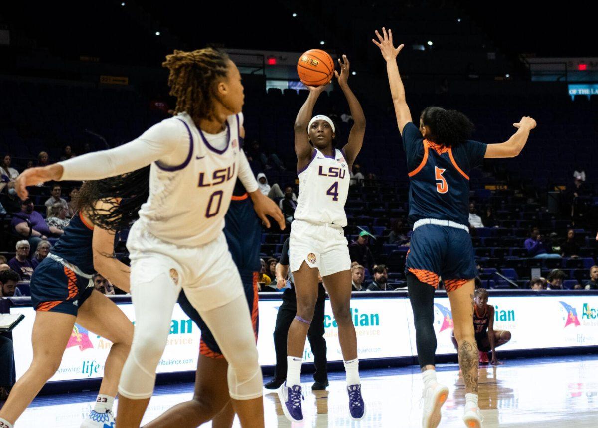 LSU women&#8217;s basketball freshman guard Flau&#8217;jae Johnson (4) shoots the ball during LSU&#8217;s 121-46 win in an exhibition game against Langston University on Thursday, Nov. 3, 2022, in the Pete Maravich Assembly Center on N. Stadium Drive in Baton Rouge, La.