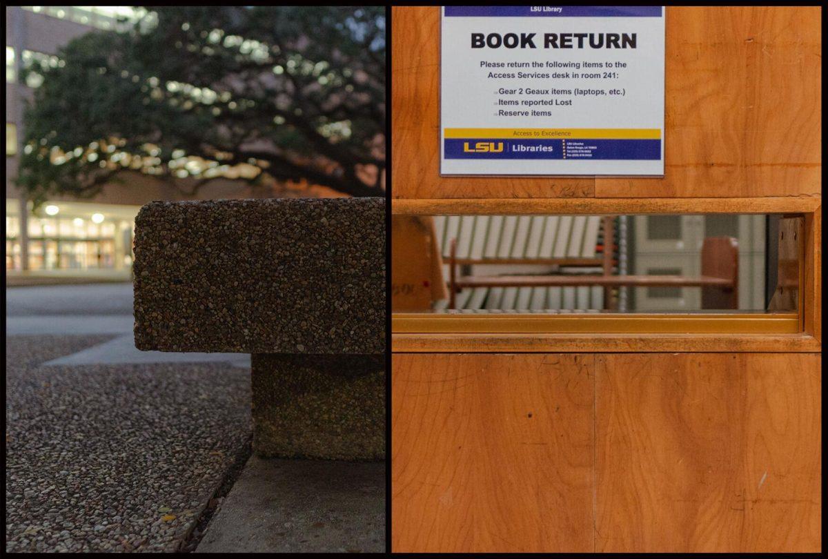 A bench outside the LSU Library joins with a book drop within the library in Baton Rouge, La.