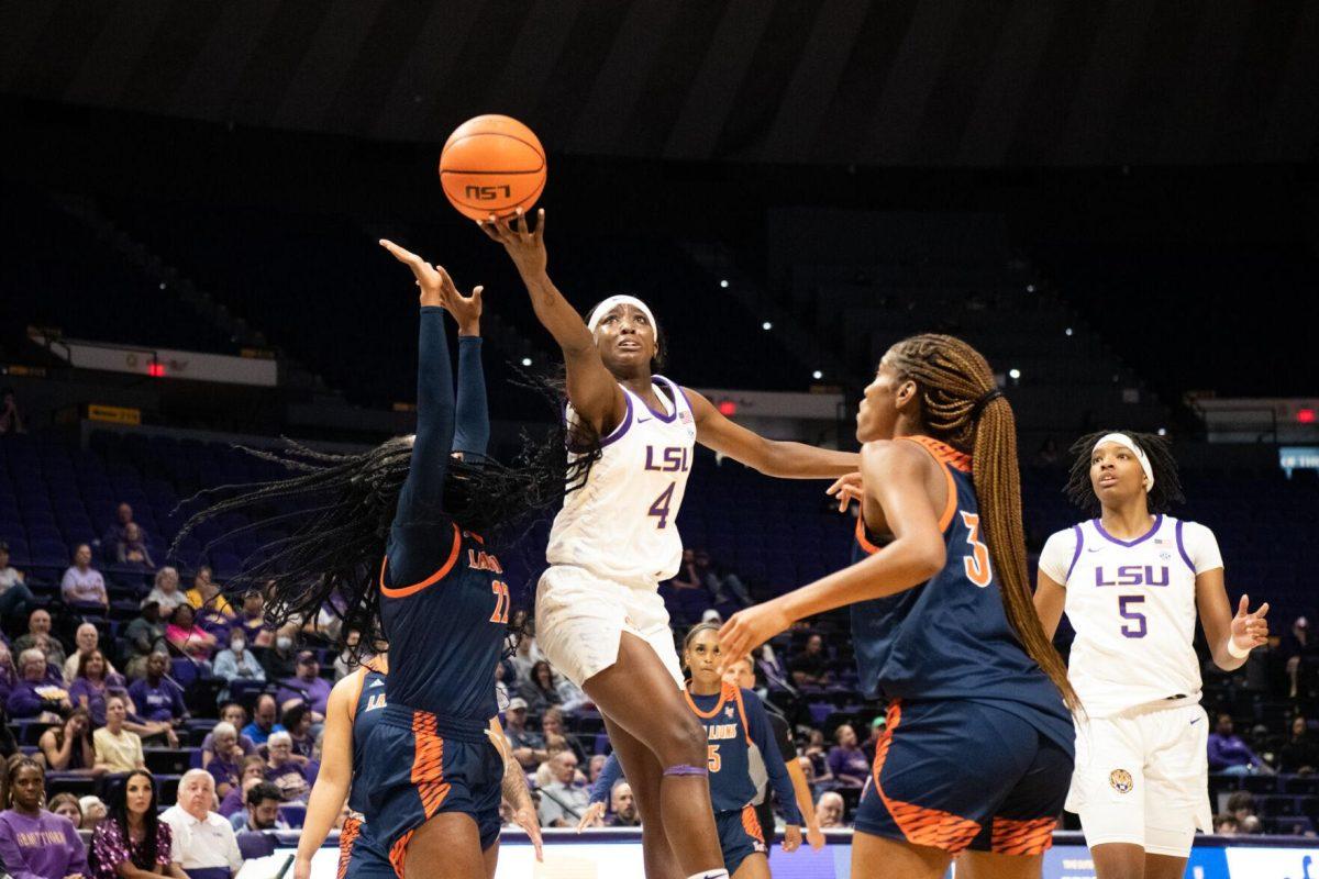 LSU women&#8217;s basketball freshman guard Flau&#8217;jae Johnson (4) looks to make a shot during LSU&#8217;s 121-46 win in an exhibition game against Langston University on Thursday, Nov. 3, 2022, in the Pete Maravich Assembly Center on N. Stadium Drive in Baton Rouge, La.