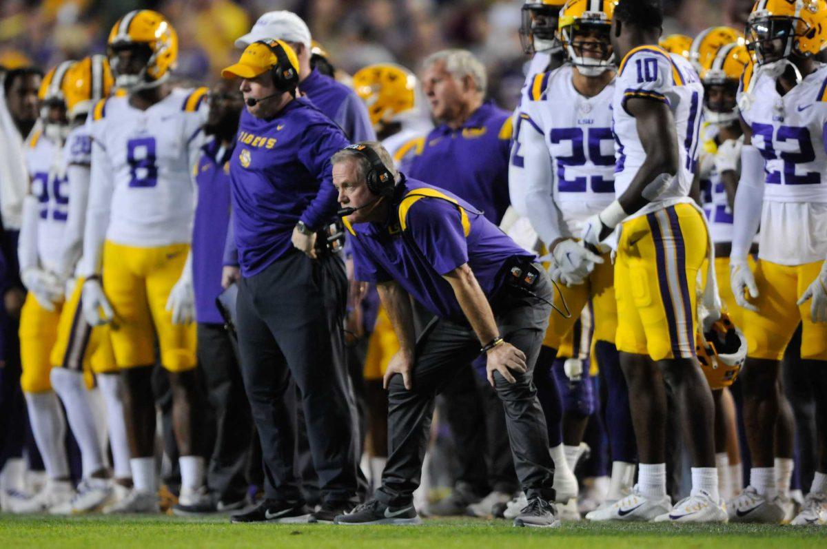 Head football coach Brian Kelly stands steady on the sidelines on Saturday, Nov. 5, 2022, during LSU&#8217;s 32-31 victory over Alabama in Tiger Stadium in Baton Rouge, La.