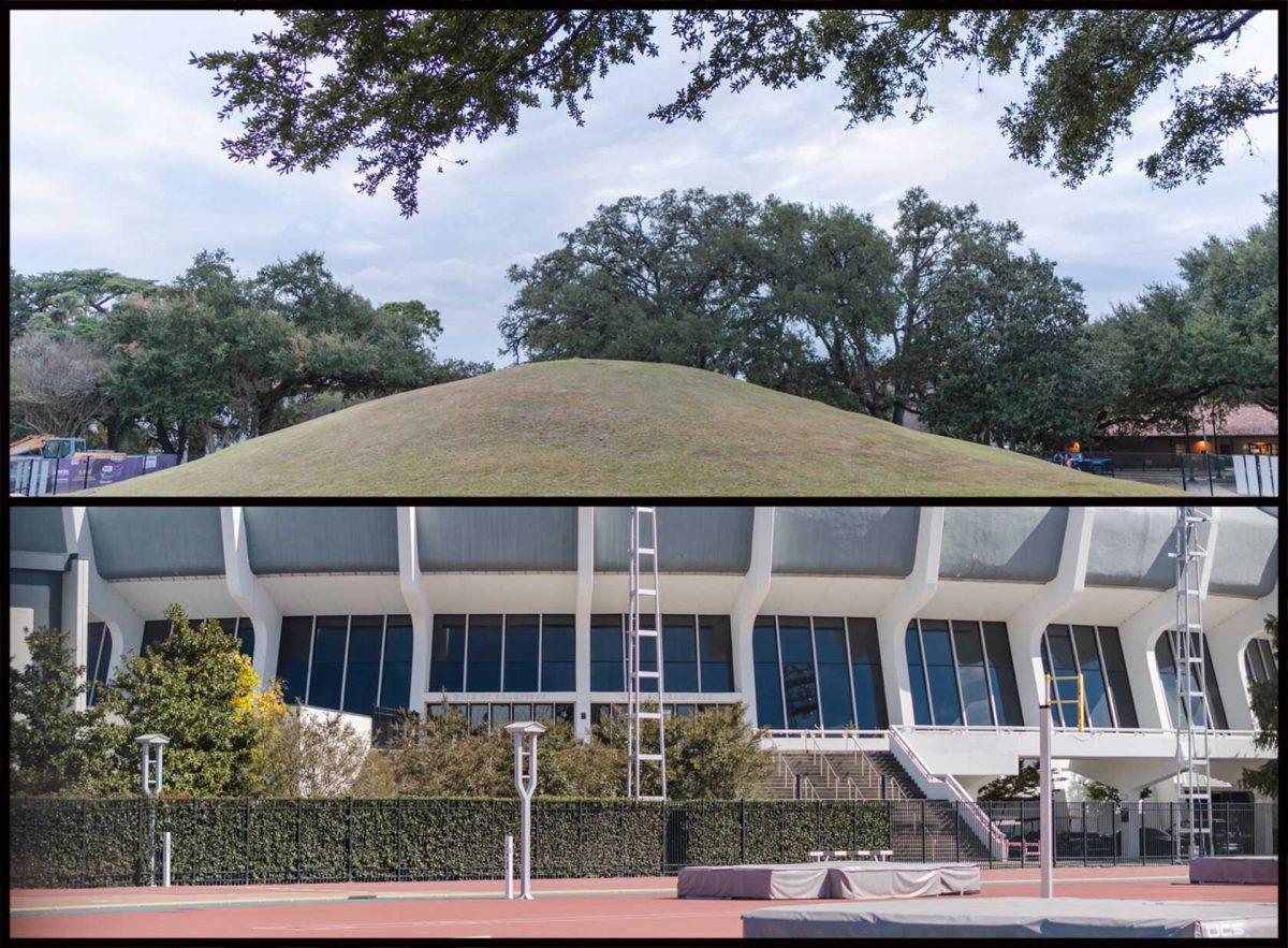 One of the LSU mounds on Field House Drive forms the top of the Pete Maravich Assembly Center in Baton Rouge, La.