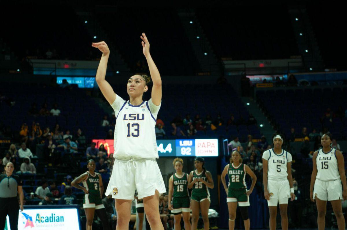 LSU women's basketball sophomore guard Last-Tear Poa (13) shoots a free throw during LSU's 111-41 victory over Mississippi Valley State on Friday, Nov. 11, 2022, at the Pete Maravich Assembly Center on N. Stadium Drive.