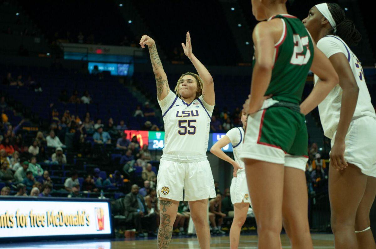 LSU women's sophomore guard Kateri Poole (55) holds her form after a free throw during LSU's 111-41 victory over Mississippi Valley State on Friday, Nov. 11, 2022, at the Pete Maravich Assembly Center on N. Stadium Drive.