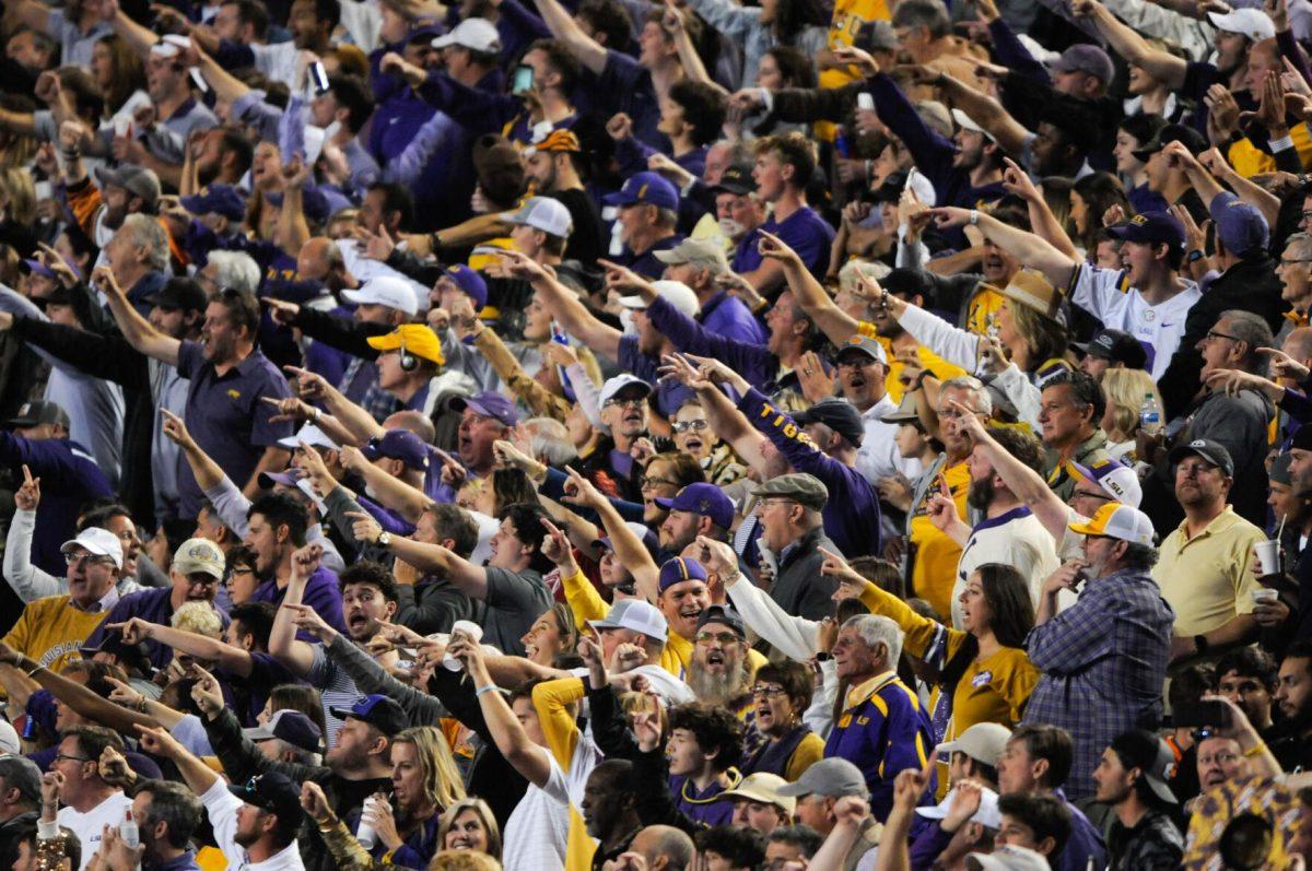 A sea of fans cheer for the tigers on Saturday, Nov. 5, 2022, during LSU&#8217;s 32-31 victory over Alabama in Tiger Stadium in Baton Rouge, La.