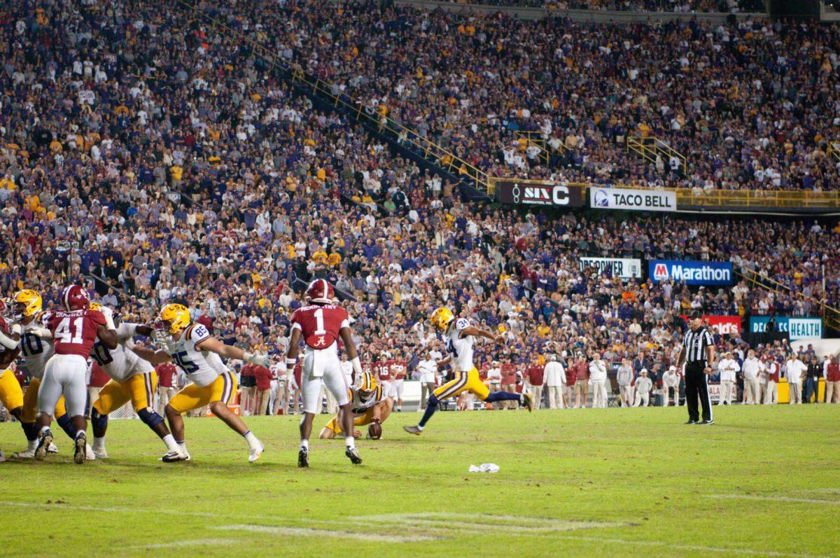 LSU football placekicker Damian Ramos steps into action on Saturday, Nov. 5, 2022, during LSU&#8217;s 32-31 victory over Alabama in Tiger Stadium in Baton Rouge, La.