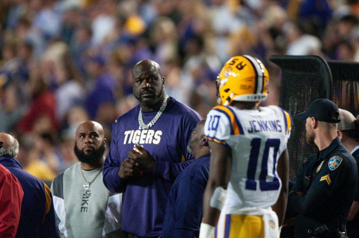 Former LSU basketball player Shaquille O'Neal stands on the sidelines on Saturday, Nov. 5, 2022, during LSU&#8217;s 32-31 victory over Alabama in Tiger Stadium in Baton Rouge, La.