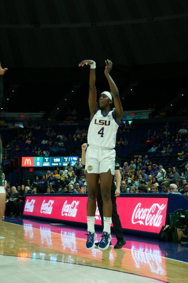 LSU women's basketball freshman guard Flau'jae Johnson (4) ascends while taking a shot during LSU's 111-41 victory over Mississippi Valley State on Friday, Nov. 11, 2022, at the Pete Maravich Assembly Center on N. Stadium Drive.