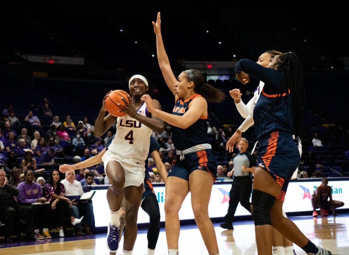 LSU women&#8217;s basketball freshman guard Flau&#8217;jae Johnson (4) looks to make a shot during LSU&#8217;s 121-46 win in an exhibition game against Langston University on Thursday, Nov. 3, 2022, in the Pete Maravich Assembly Center on N. Stadium Drive in Baton Rouge, La.