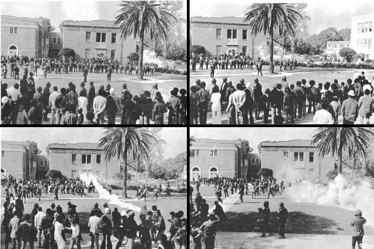 (Top row, left to right) As bystanders watched from the rear, the confrontation began when a State Police officer rolled a tear gas canister toward students, and a student threw it back, with the gas exploding over the heads of State Police. (bottom row, left to right) After a State Police officer tossed a second gas canister, a student threw it back at the sheriff&#8217;s deputies in front of the palm tree, forcing many to scatter as they tried to don their gas masks. A gubernatorial commission determined that Denver Smith and Leonard Brown were shot close to the bush near the wall of the administration building moments after the photo was taken.