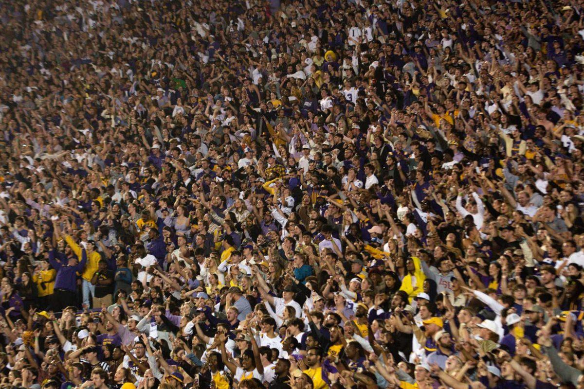 The sea of LSU fans cheer loudly on Saturday, Nov. 5, 2022, during LSU&#8217;s 32-31 victory over Alabama in Tiger Stadium in Baton Rouge, La.