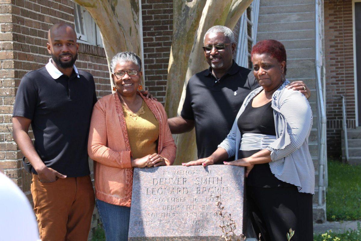 Family members of Denver Smith&#8211;(left to right) Denver Terrance, Erma Smith, Nelson Smith and Josephine Smith Jones&#8211;visit the memorial to Smith and Leonard Brown at Southern University.