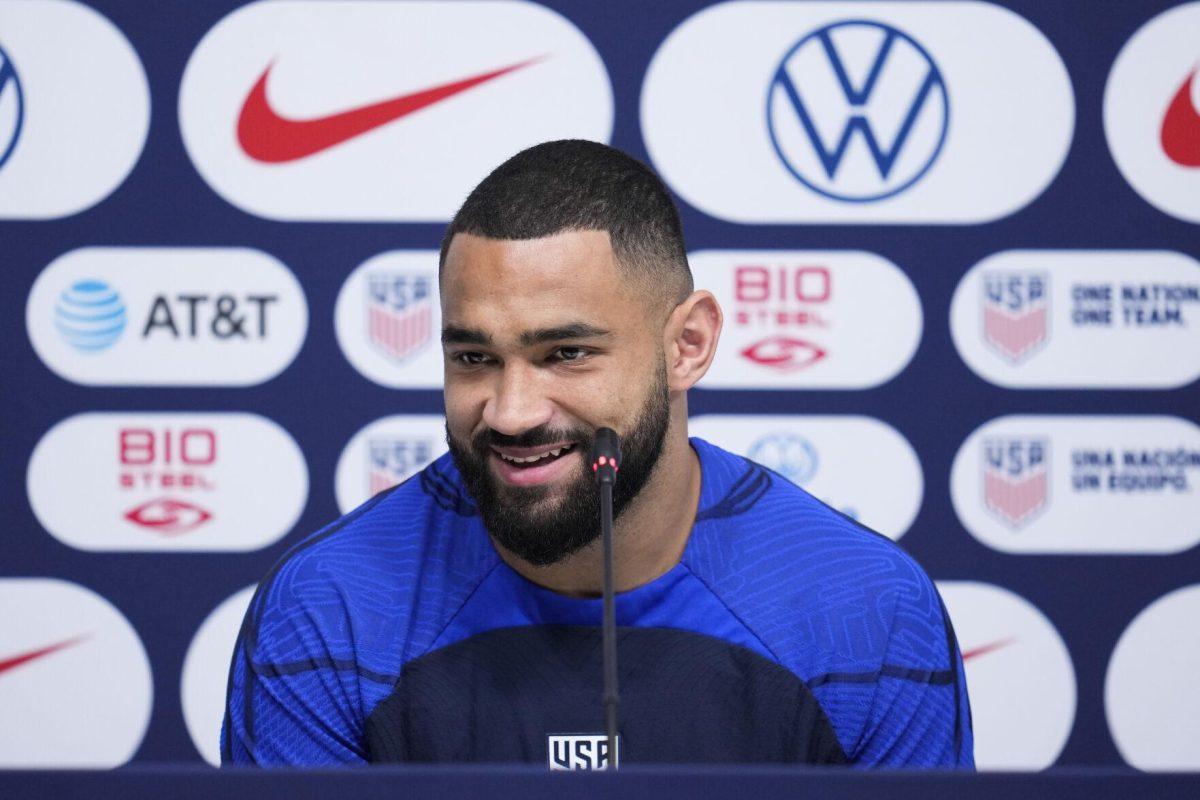 Cameron Carter-Vickers of the United States attends a press conference before a closed United States team practice at Ahmad bin Ali Stadium, in Doha, Qatar, Wednesday, Nov. 23, 2022. (AP Photo/Ashley Landis)