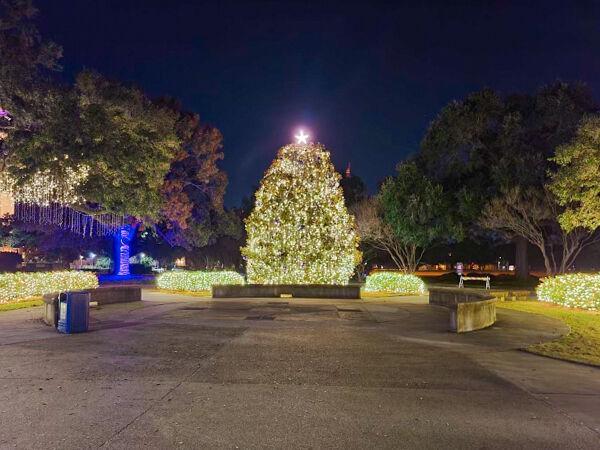 Lights shine brightly on Friday, Dec. 2, 2022, on the LSU tree in front of the Student Union in Baton Rouge, La.