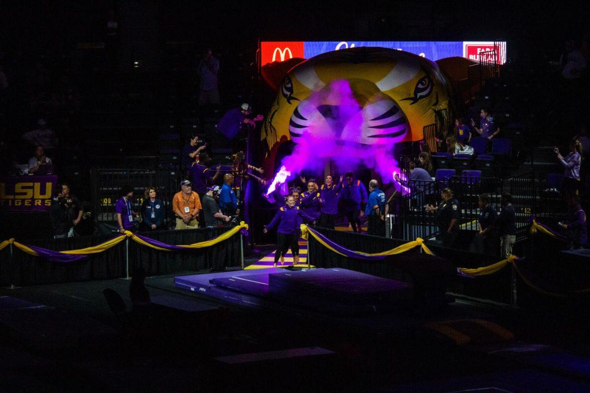 The LSU gymnastics team enters the stadium Monday, Dec. 12, 2022, during the annual "Gym 101" showcase in the Pete Maravich Assembly Center.