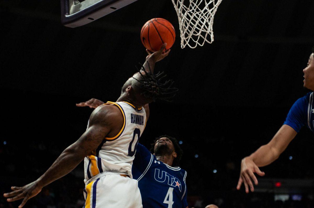 LSU men&#8217;s basketball senior Trae Hannibal (0) shoots the ball during LSU&#8217;s 63-59 win against UT Arlington on Friday, Dec. 2, 2022, in the Pete Maravich Assembly Center on N. Stadium Drive in Baton Rouge, La.