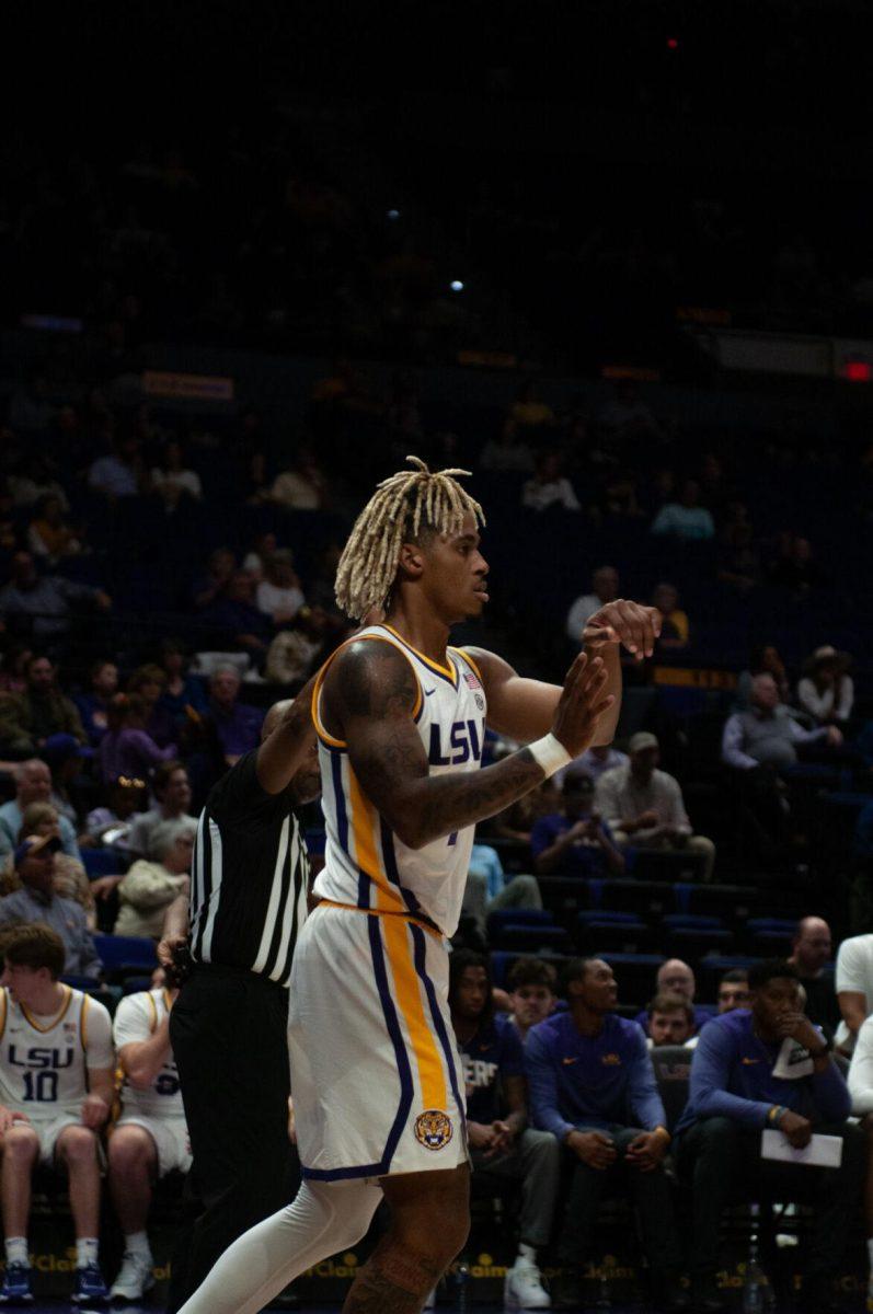 LSU men&#8217;s basketball sophomore Adam Miller (44) passes the ball during LSU&#8217;s 63-59 win against UT Arlington on Friday, Dec. 2, 2022, in the Pete Maravich Assembly Center on N. Stadium Drive in Baton Rouge, La.