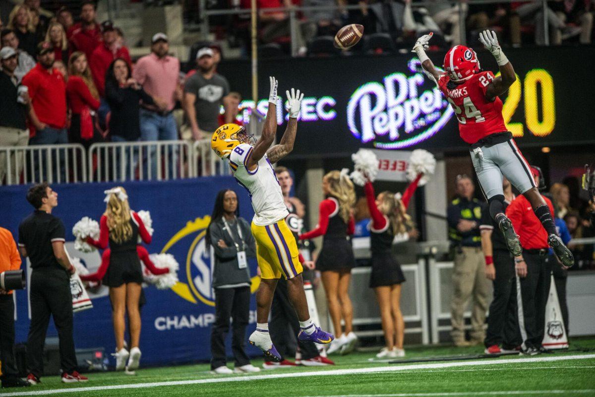 LSU football sophomore wide receiver Malik Nabers (8) opens up for a catch Saturday, Dec. 3, 2022, during LSU's 30-50 defeat to Georgia at the Southeastern Conference Championship at the Mercedes-Benz Stadium in Atlanta, Georgia.