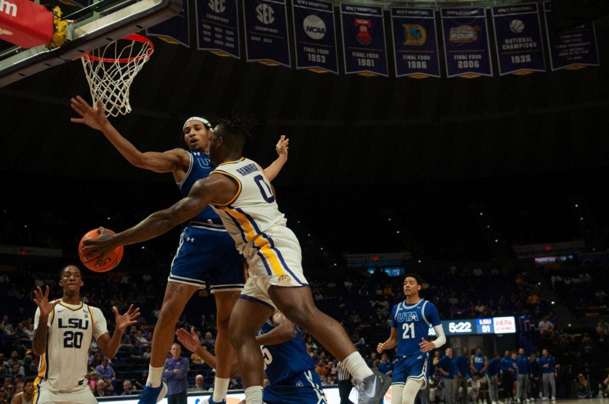 LSU men&#8217;s basketball senior Trae Hannibal (0) passes the ball during LSU&#8217;s 63-59 win against UT Arlington on Friday, Dec. 2, 2022, in the Pete Maravich Assembly Center on N. Stadium Drive in Baton Rouge, La.