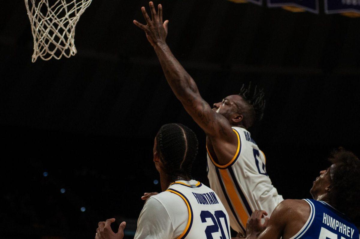 LSU men&#8217;s basketball senior Trae Hannibal (0) reaches up during LSU&#8217;s 63-59 win against UT Arlington on Friday, Dec. 2, 2022, in the Pete Maravich Assembly Center on N. Stadium Drive in Baton Rouge, La.