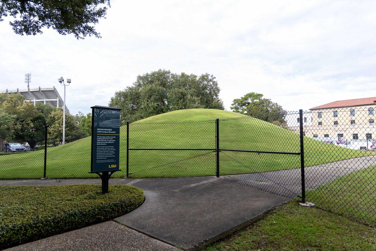 A fence surrounds the LSU Indian Mounds Thursday, Aug. 25, 2022, on LSU's campus.