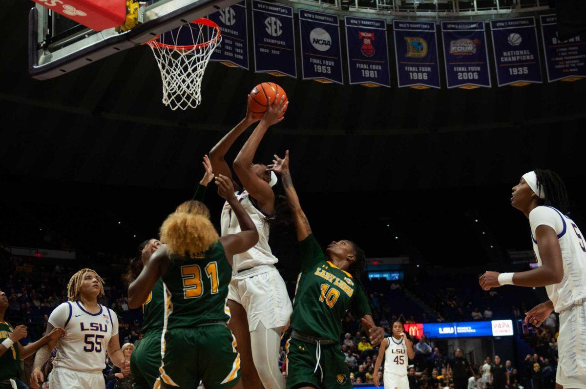 LSU women&#8217;s basketball sophomore Angel Reese (1) puts up the ball during LSU&#8217;s 63-55 win against Southeastern on Tuesday, Nov. 29, 2022, in the Pete Maravich Assembly Center on N. Stadium Drive in Baton Rouge, La.