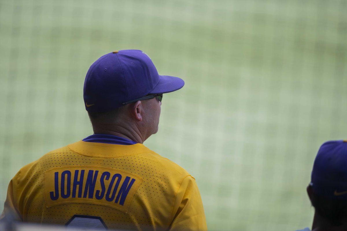 <p>LSU head coach Jay Johnson looks out onto the field Sunday, May, 1, 2022, during the Tigers’ 4-3 walk-off win against the Georgia Bulldogs at Alex Box Stadium in Baton Rouge, La.</p>