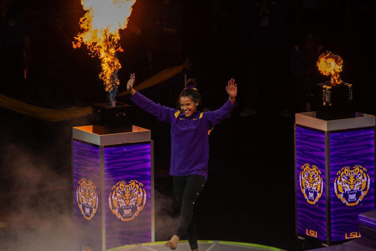 LSU gymnastics junior all-around Haleigh Bryant greets fans Monday, Dec. 12, 2022, during the annual "Gym 101" showcase in the Pete Maravich Assembly Center.