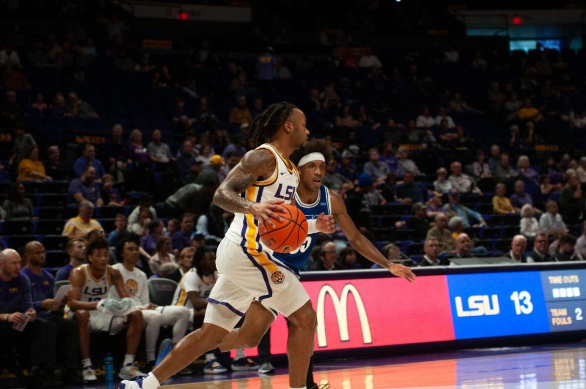 LSU men&#8217;s basketball senior Justice Hill (3) dribbles the ball during LSU&#8217;s 63-59 win against UT Arlington on Friday, Dec. 2, 2022, in the Pete Maravich Assembly Center on N. Stadium Drive in Baton Rouge, La.