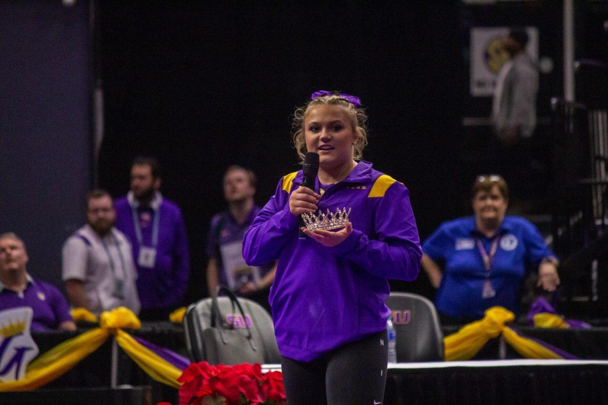 LSU gymnastics junior vault/ balance beam/ floor exercise Sierra Ballard explains the origins of the crown Monday, Dec. 12, 2022, during the annual "Gym 101" showcase in the Pete Maravich Assembly Center.