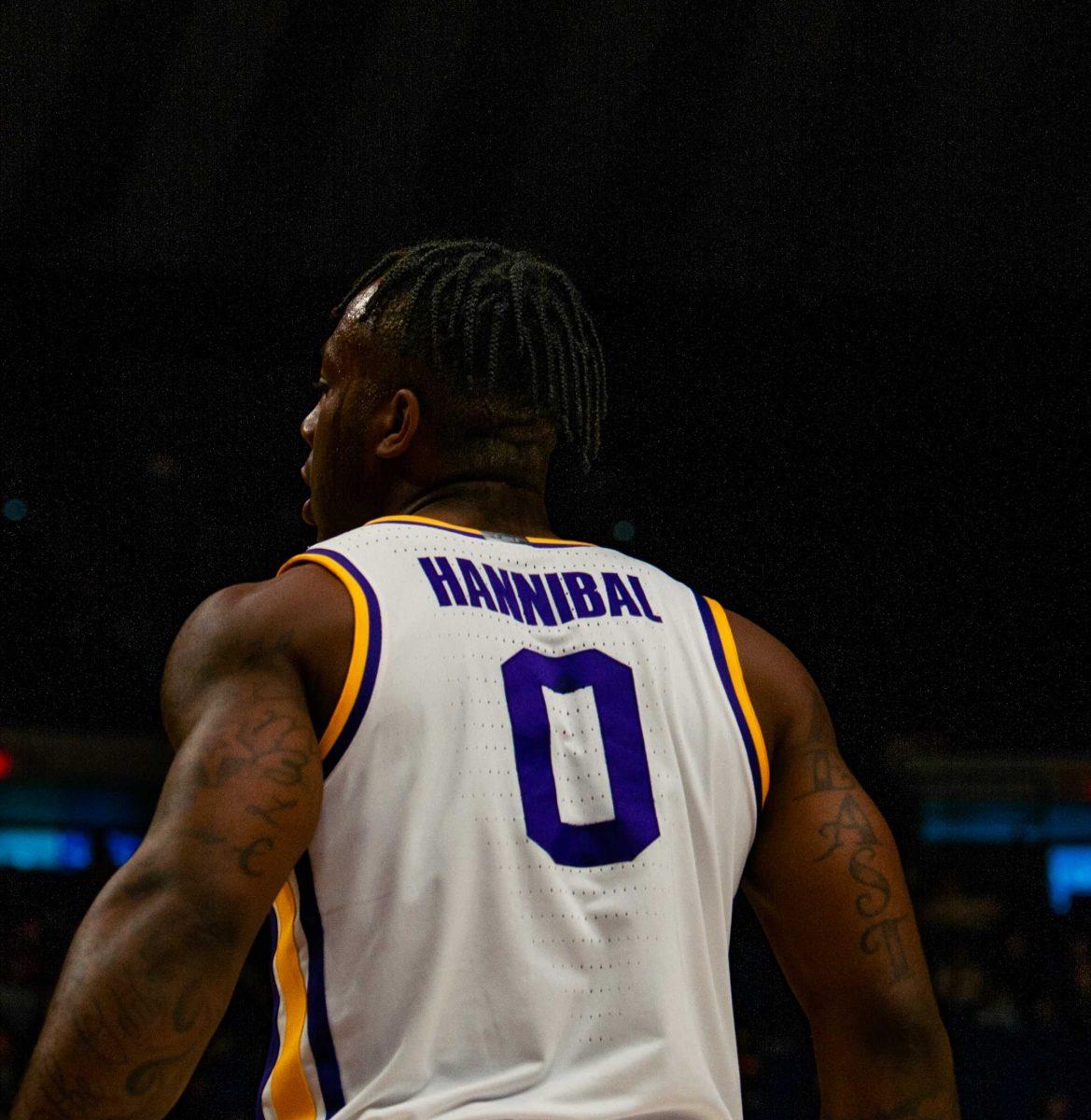 LSU men&#8217;s basketball senior guard Trae Hannibal (0) looks out on the court during LSU&#8217;s 91-62 win over New Orleans on Thursday, Nov. 17, 2022, in the Pete Maravich Assembly Center on N. Stadium Drive in Baton Rouge, La.