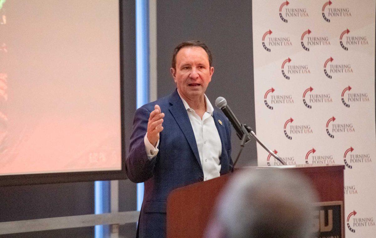 Attorney General of Louisiana Jeff Landry addresses the room on Tuesday, Oct. 25, 2022, in the Student Union in Baton Rouge, La.