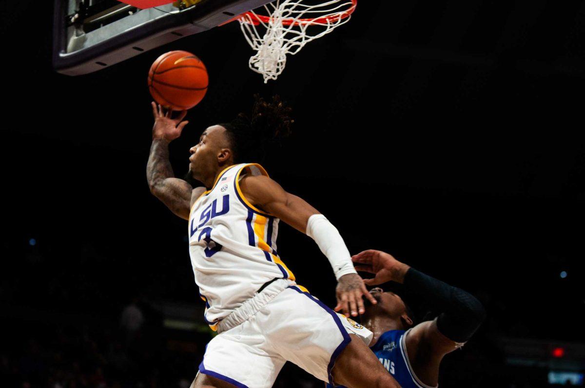 LSU men&#8217;s basketball senior guard Justice Hill (3) shoots the ball during LSU&#8217;s 91-62 win over New Orleans on Thursday, Nov. 17, 2022, in the Pete Maravich Assembly Center on N. Stadium Drive in Baton Rouge, La.