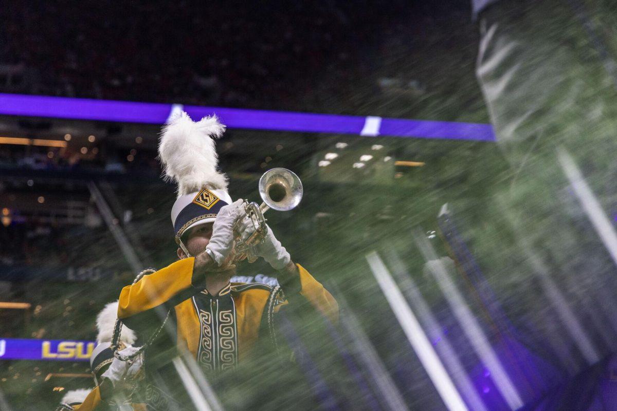 LSU marching band trumpet players perform the Malagueña show Saturday, Dec. 3, 2022, during half-time at the Southeastern Conference Championship in the Mercedes-Benz Stadium in Atlanta, Georgia.
