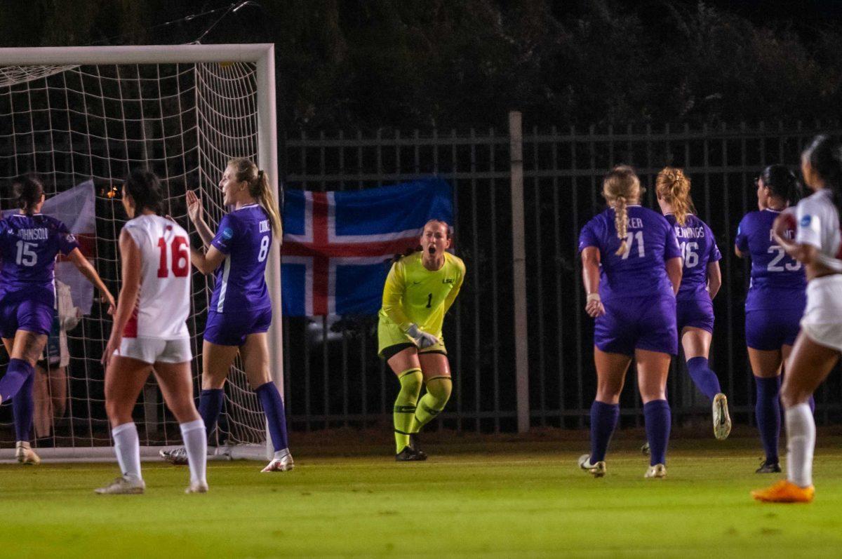 LSU soccer senior goalkeeper Mollee Swift (1) gives a roar after saving a penalty kick Friday, Nov. 11, 2022, during LSU&#8217;s 3-1 first round Championship tournament victory at the LSU Soccer Stadium in Baton Rouge, La.