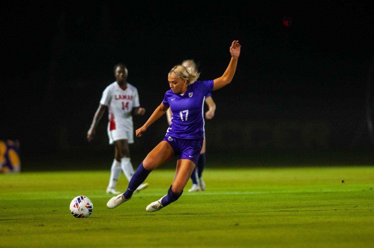 LSU soccer freshman midfielder Ida Hermannsdottir (17) takes a shot at goal Friday, Nov. 11, 2022, during LSU&#8217;s 3-1 first round Championship tournament victory at the LSU Soccer Stadium in Baton Rouge, La.