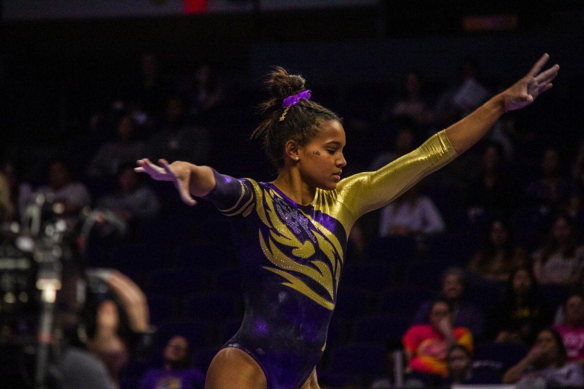 LSU gymnastics junior all-around Haleigh Bryant envisions her next move Monday, Dec. 12, 2022, during the annual "Gym 101" showcase in the Pete Maravich Assembly Center.