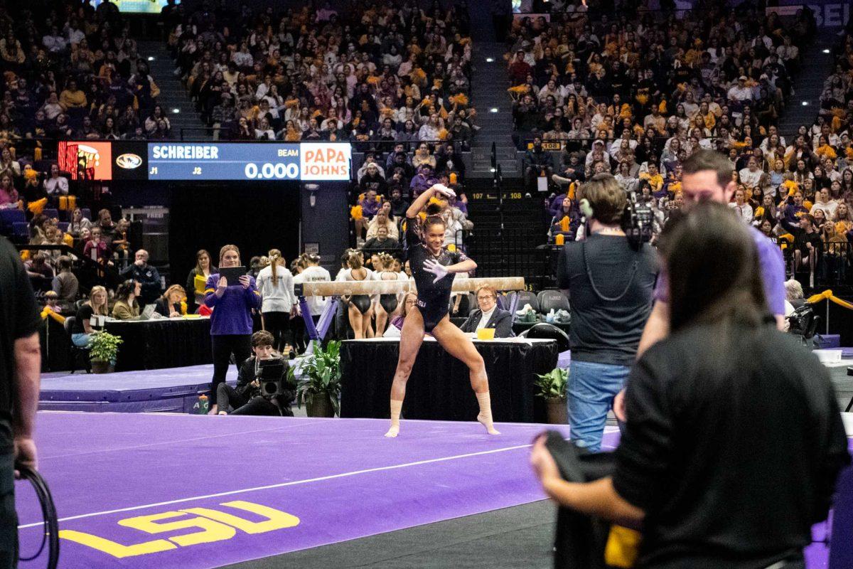 LSU gymnastics all-around junior Haleigh Bryant poses during her routine on Friday, Jan. 20, 2023, during LSU&#8217;s victory over Missouri in the Pete Maravich Assembly Center in Baton Rouge, La.