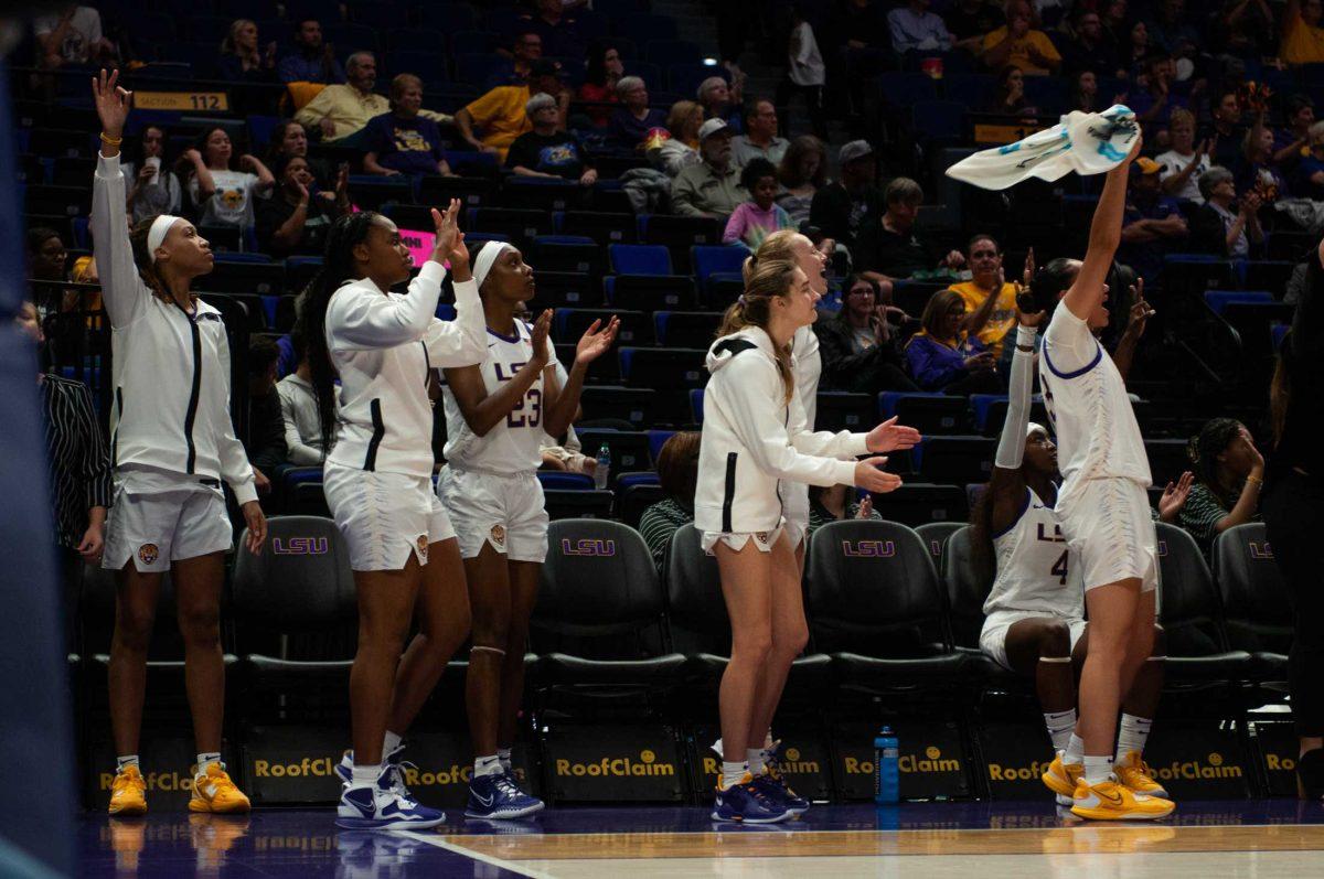 LSU women&#8217;s basketball team cheers on the side during LSU&#8217;s 63-55 win against Southeastern on Tuesday, Nov. 29, 2022, in the Pete Maravich Assembly Center on N. Stadium Drive in Baton Rouge, La.