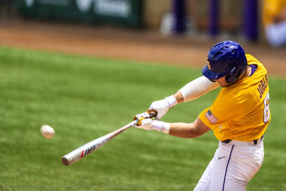 LSU baseball redshirt sophomore outfielder/ first baseman Brayden Jobert swings at the ball Saturday, April 23, 2022, during LSU's 8-6 win over Missouri at Alex Box Stadium.